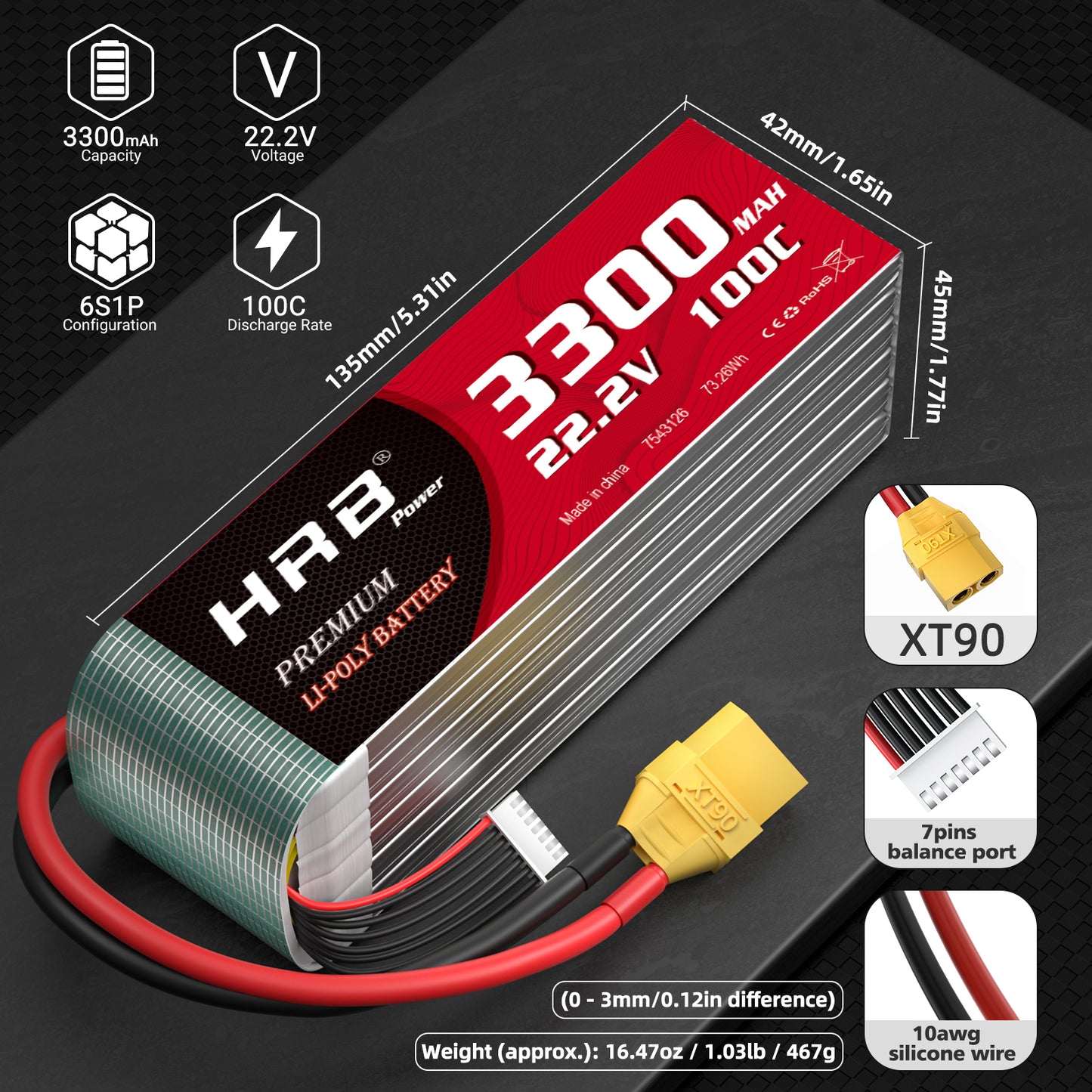 HRB 6S 3300mAh 22.2V 100C LIPO Battery for RC Car Boat Truck Heli Airplane