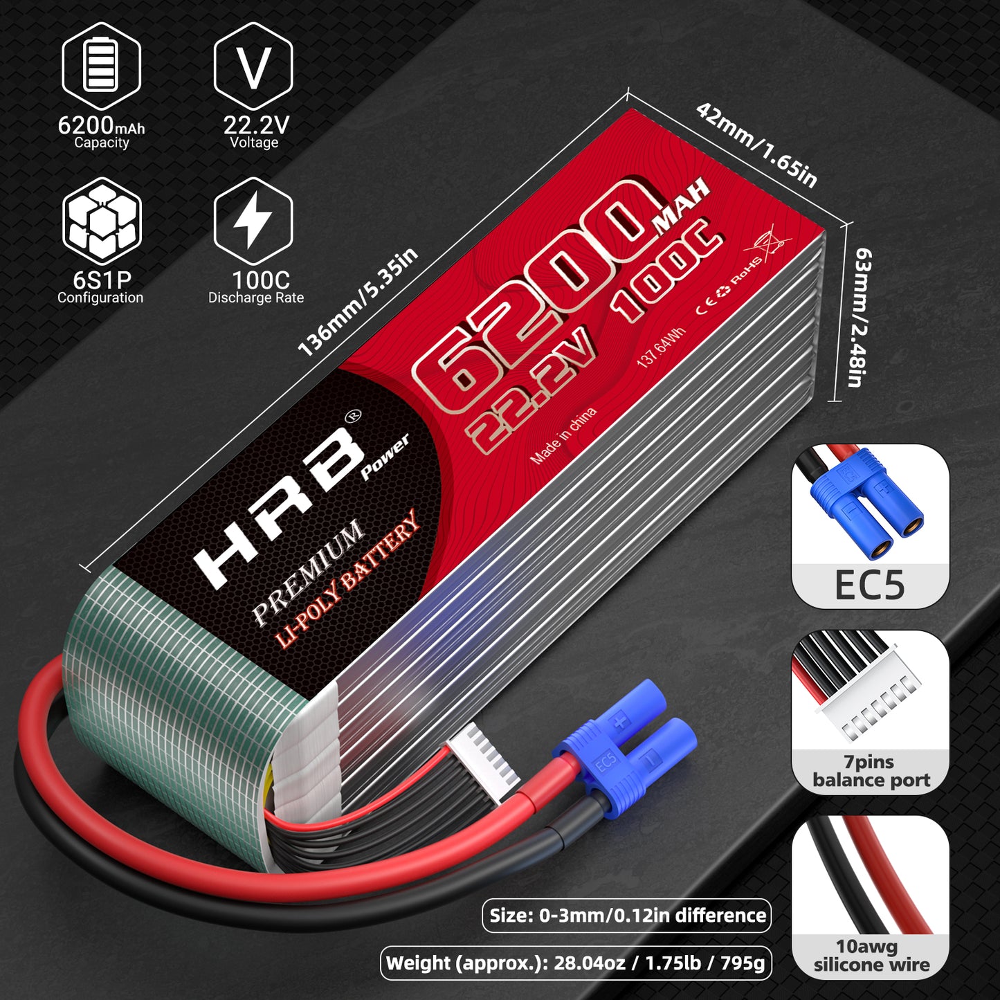 2xHRB 6S 22.2V Lipo Battery 6200mAh 100C EC5 for RC Car Helicopter EDF Jet