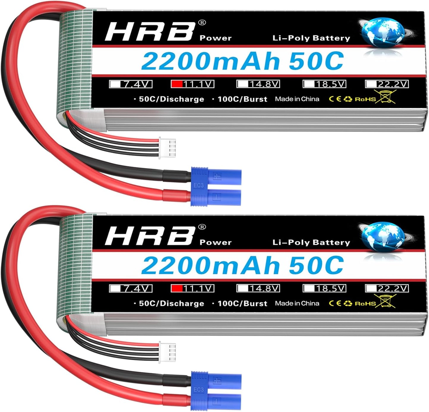 HRB 2pcs 3S 2200mAh Lipo Battery EC3 50C Shorty 11.1V RC Lipo Battery
