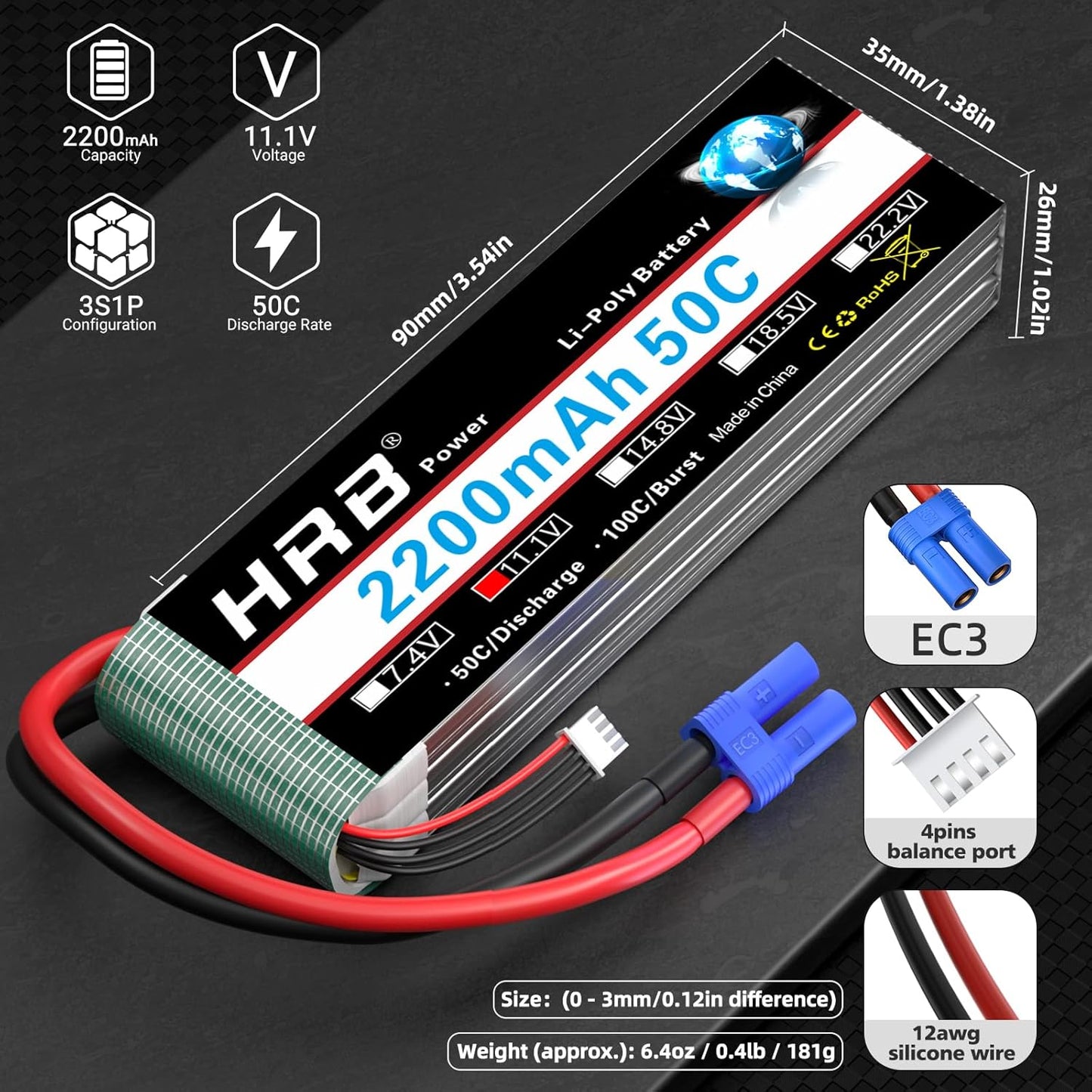 HRB 2pcs 3S 2200mAh Lipo Battery EC3 50C Shorty 11.1V RC Lipo Battery