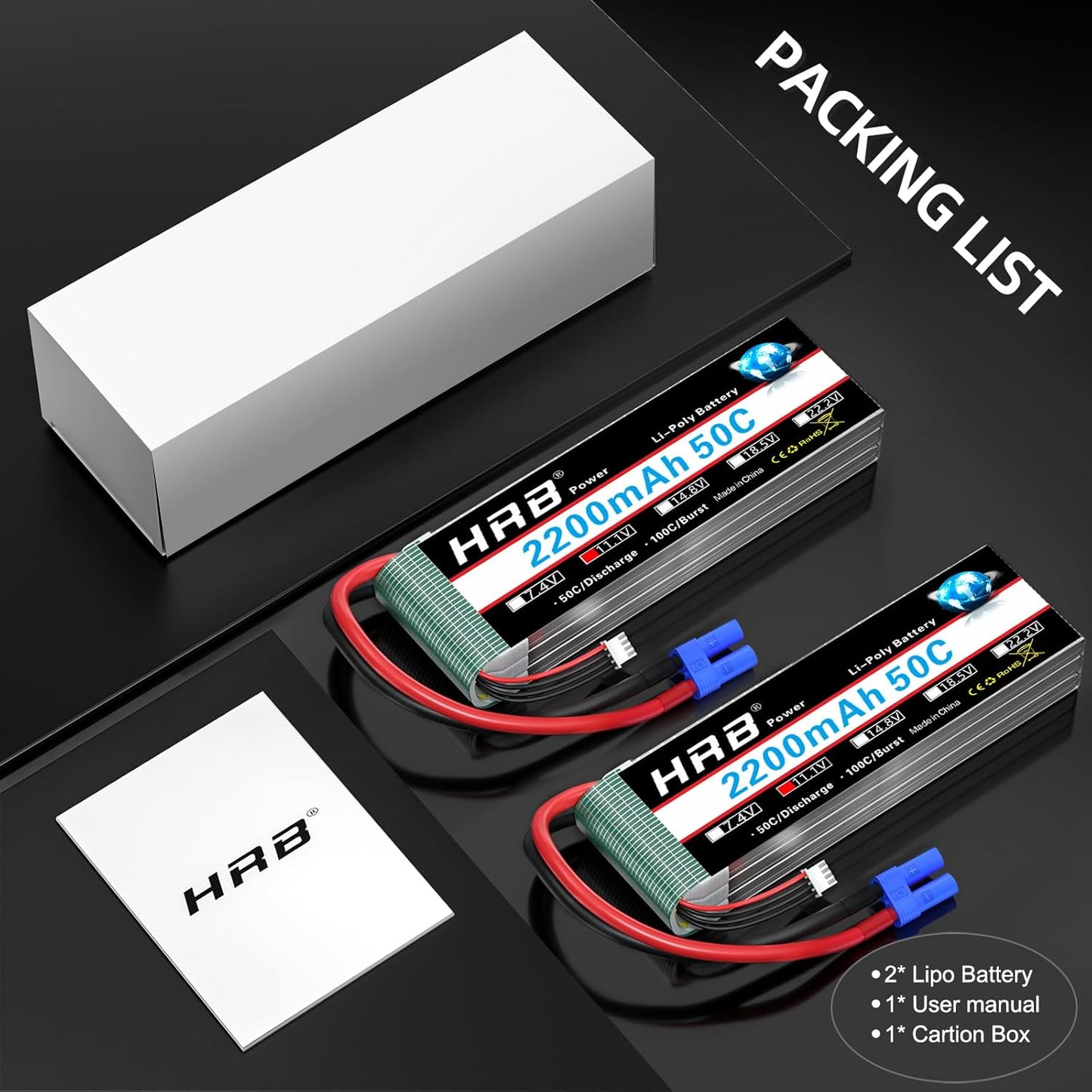 HRB 2pcs 3S 2200mAh Lipo Battery EC3 50C Shorty 11.1V RC Lipo Battery