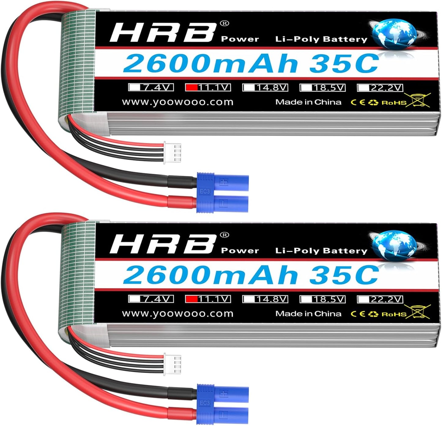 HRB 2PCS 3S 2600mAh Lipo Battery 11.1V 35C EC3 RC Lipo Battery