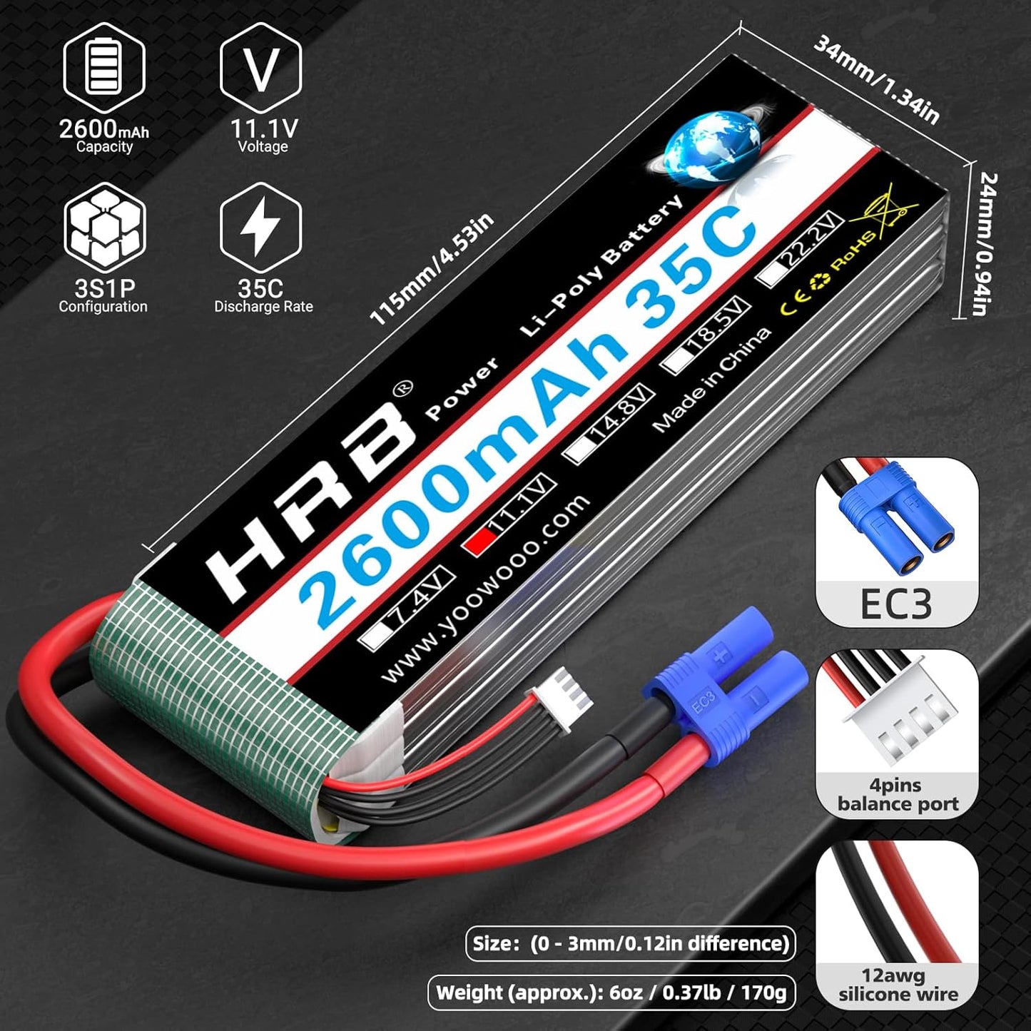HRB 2PCS 3S 2600mAh Lipo Battery 11.1V 35C EC3 RC Lipo Battery