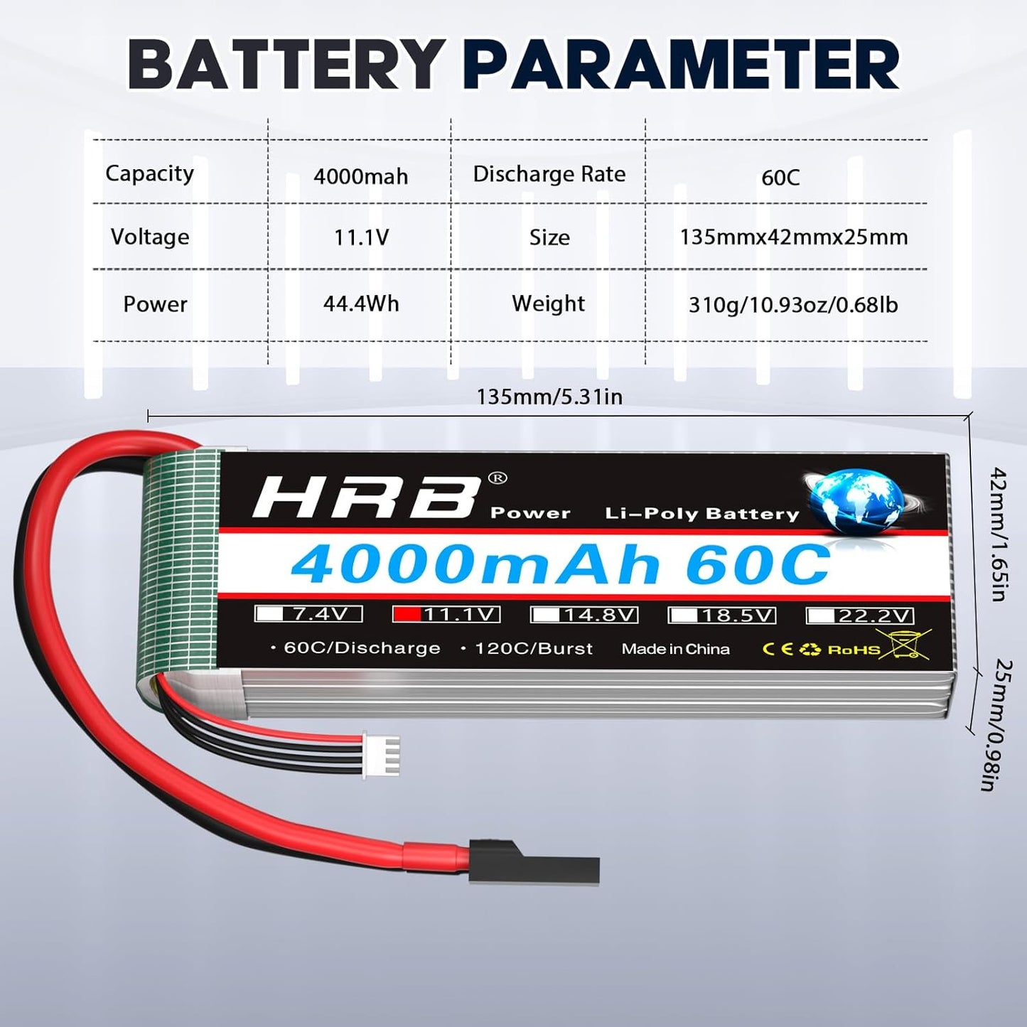 HRB 2PCS 3S Lipo Battery 4000mAh 60C 11.1V RC Lipo Battery TRX