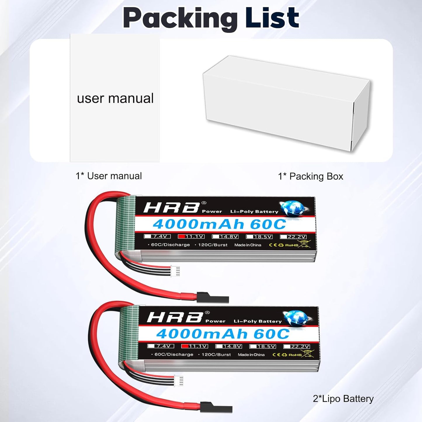 HRB 2PCS 3S Lipo Battery 4000mAh 60C 11.1V RC Lipo Battery TRX