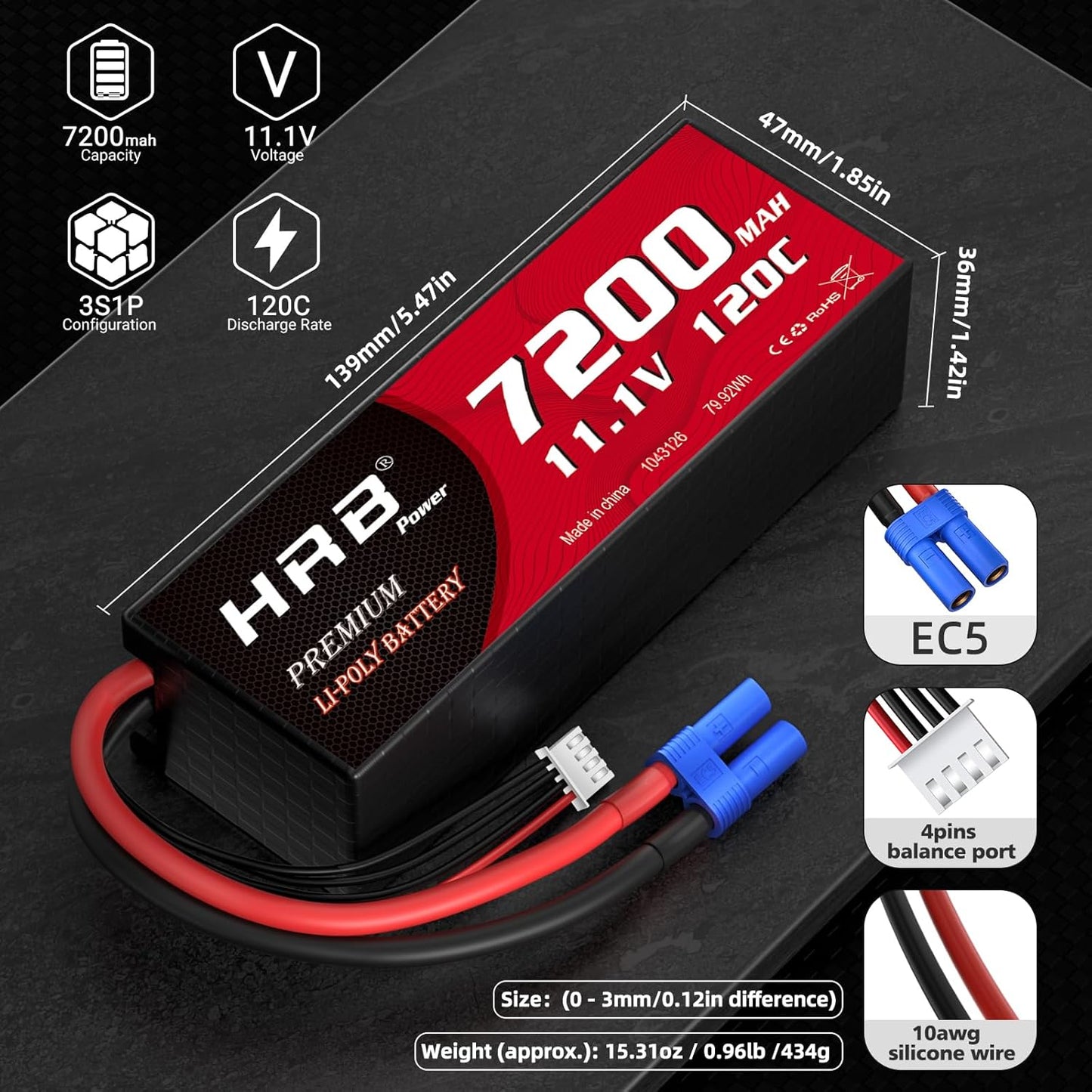 HRB 2packs 3S Lipo Battery EC5 7200mAh 11.1V 120C Hardcase RC Lipo Battery