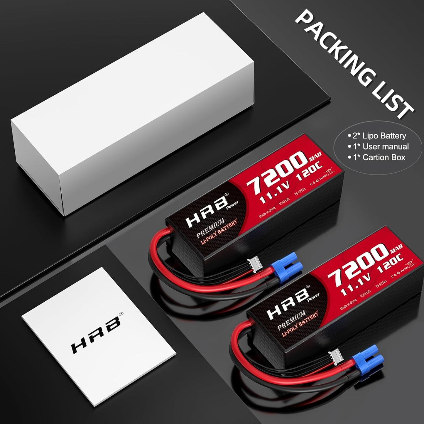HRB 2packs 3S Lipo Battery EC5 7200mAh 11.1V 120C Hardcase RC Lipo Battery