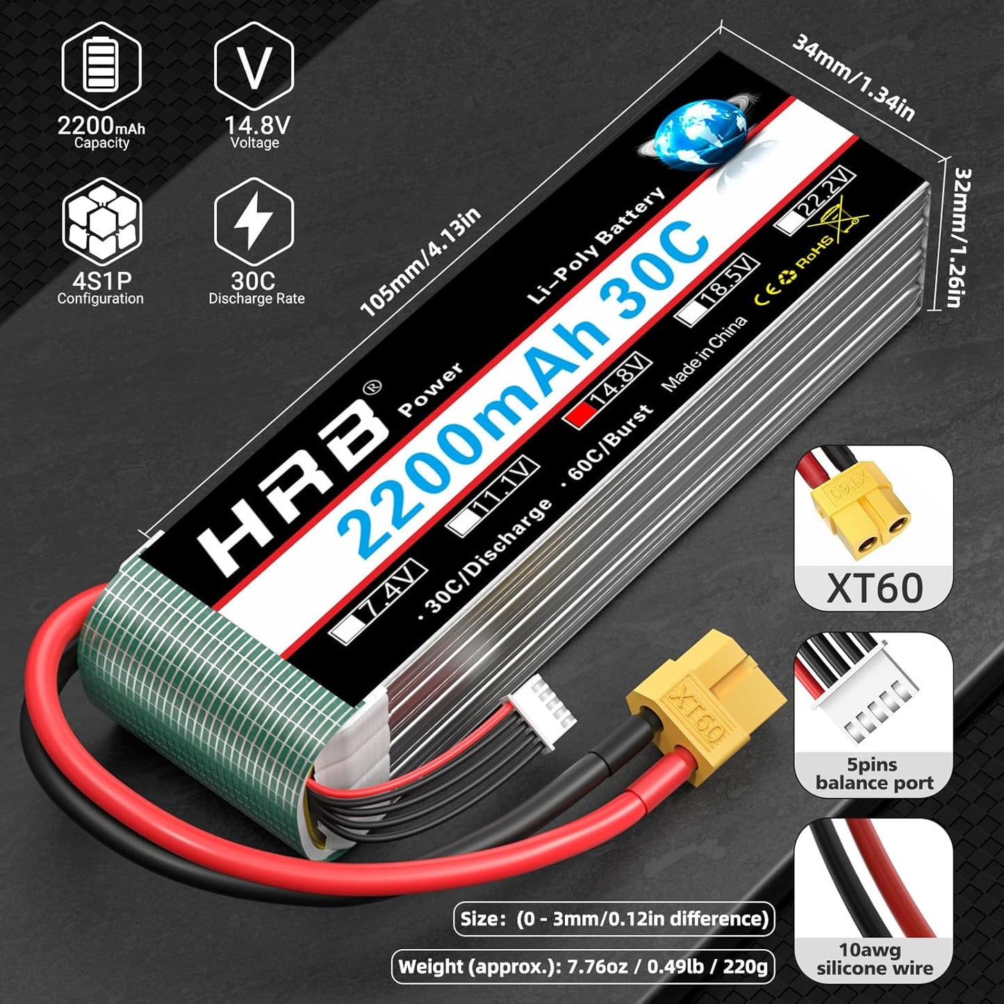 HRB 4S Lipo Battery XT60 14.8V 2200mAh 30C RC Lipo Battery XT60