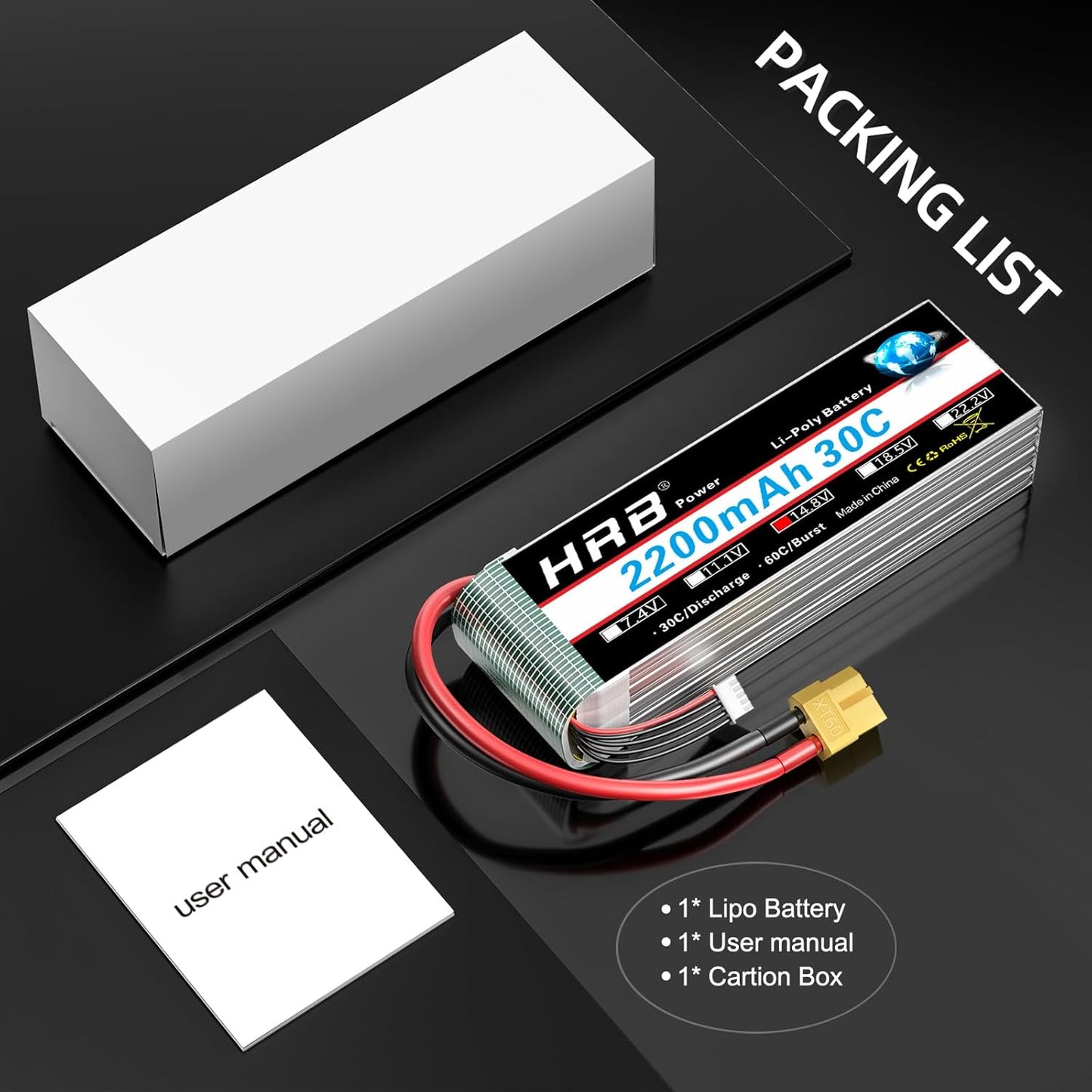 HRB 4S Lipo Battery XT60 14.8V 2200mAh 30C RC Lipo Battery XT60