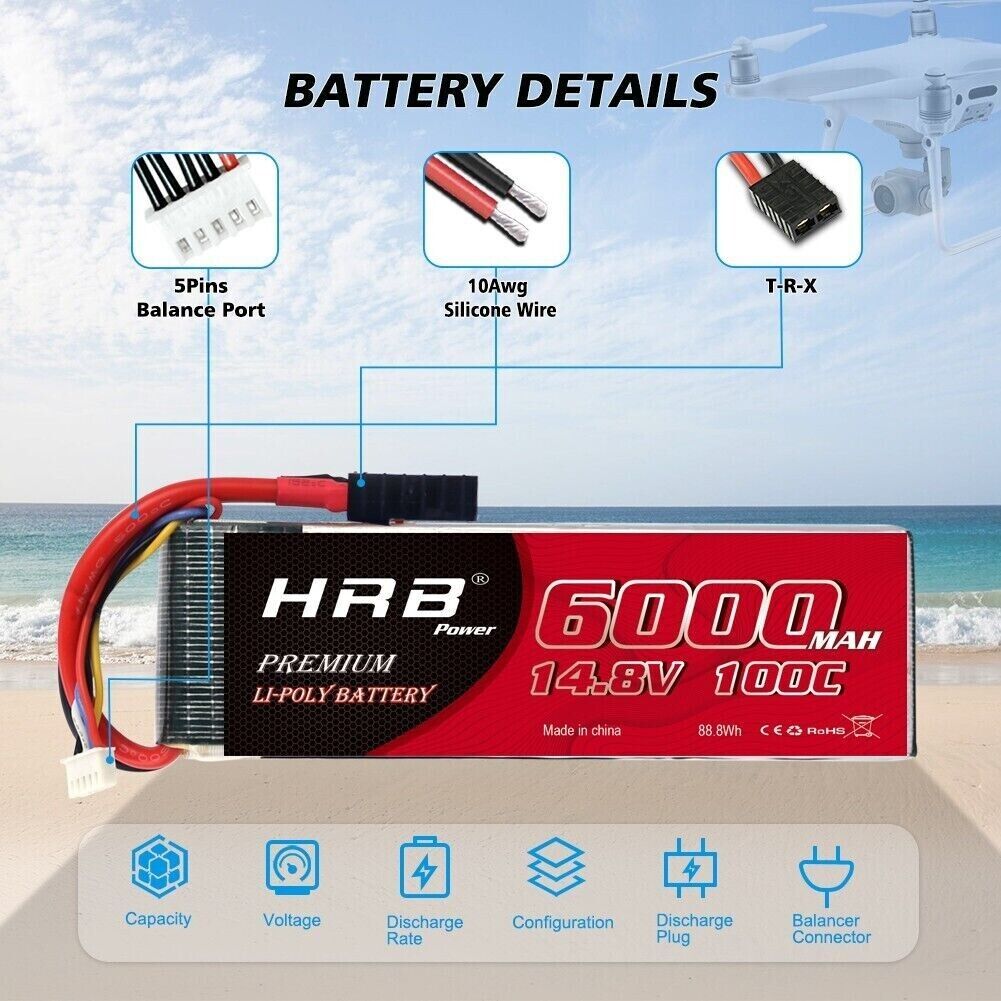 2PCS HRB 4S 14.8V 6000mAh Lipo Battery XT90/TRX/XT60/EC5