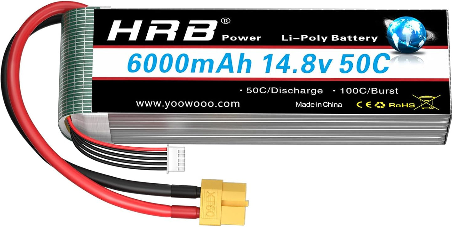 HRB 14.8V 6000mAh 4S Lipo Battery Pack 50C with XT60