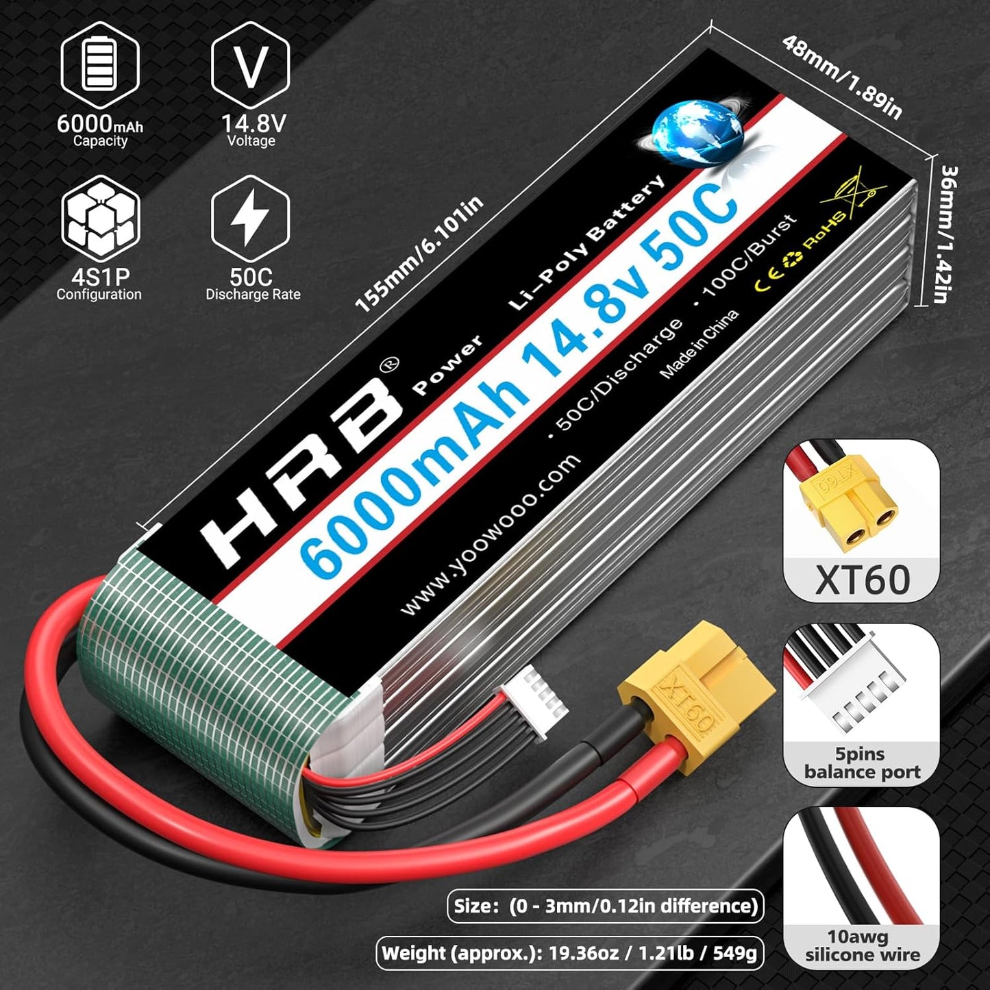 HRB 14.8V 6000mAh 4S Lipo Battery Pack 50C with XT60