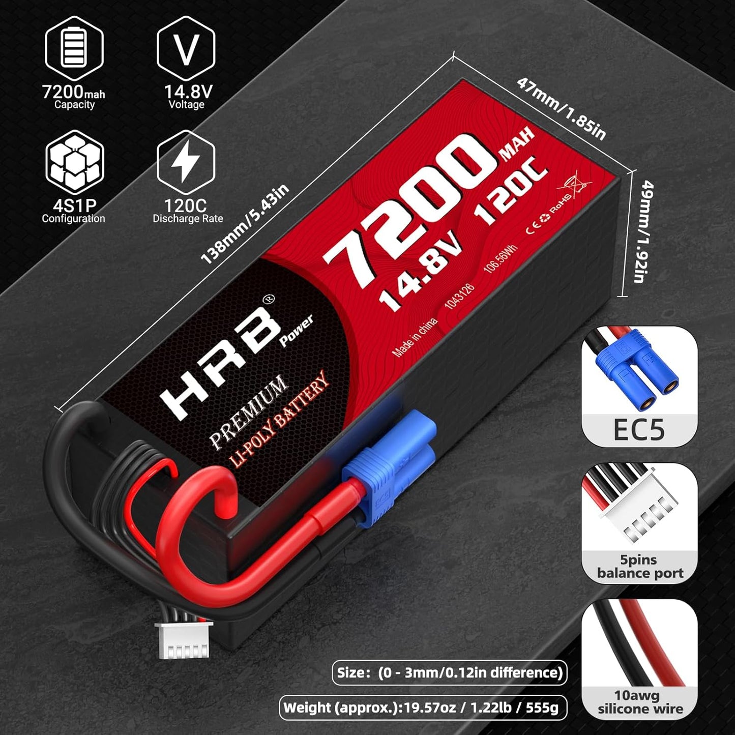 HRB 2packs 4S Lipo Battery 7200mAh EC5 14.8V 120C Hardcase RC Lipo Battery