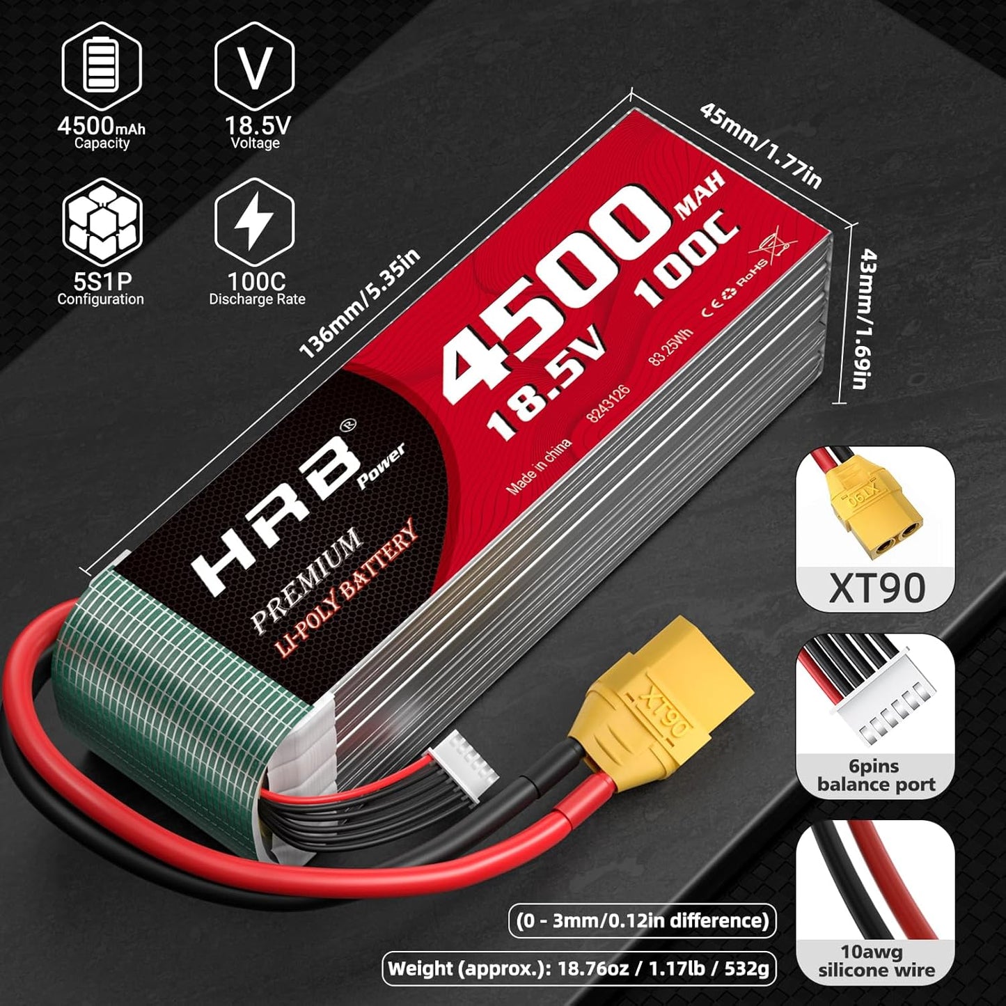 HRB 5S Lipo Battery XT90 18.5V 4500mAh 100C RC Lipo Battery XT90