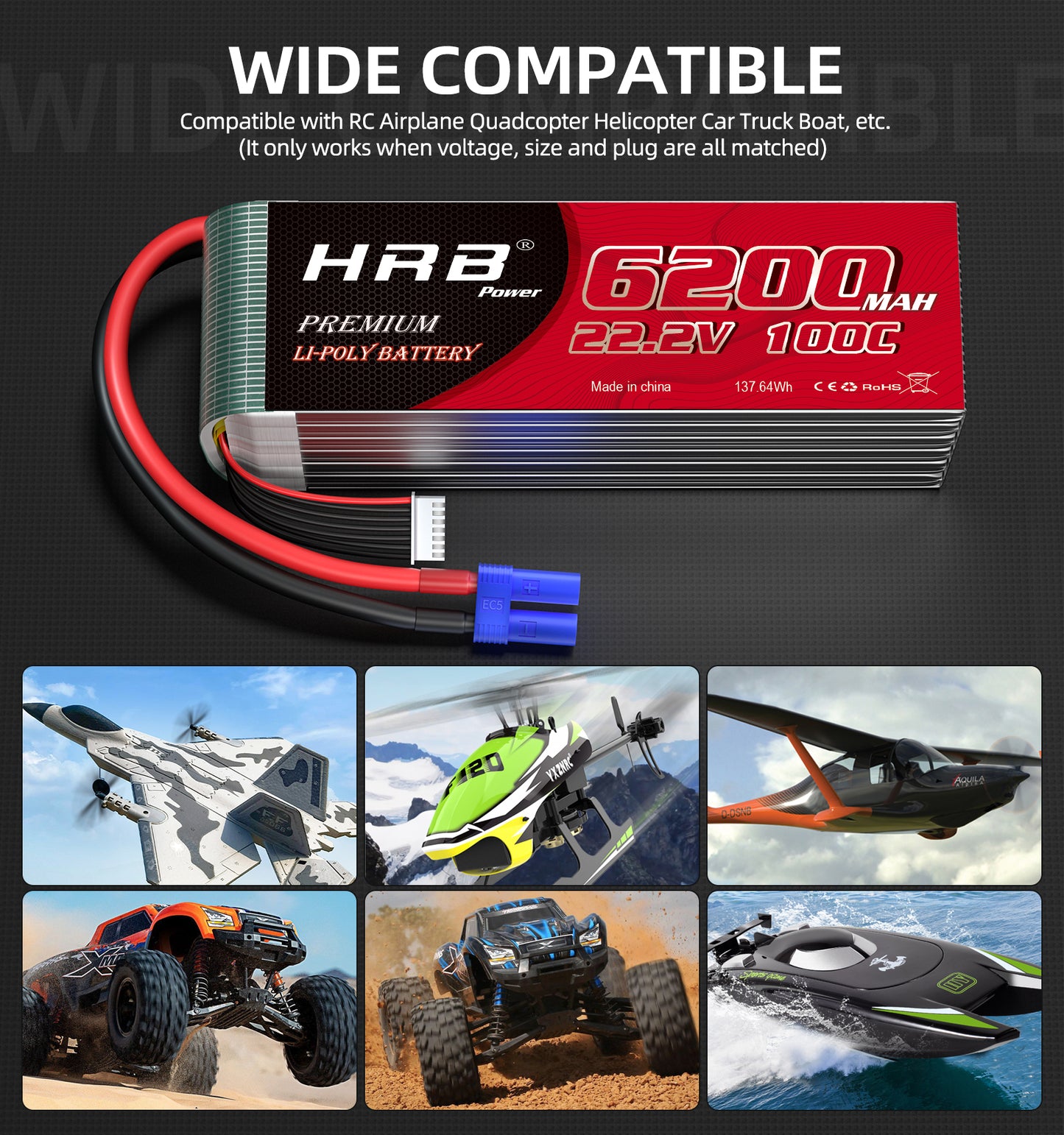 2xHRB 6S 22.2V Lipo Battery 6200mAh 100C EC5 for RC Car Helicopter EDF Jet