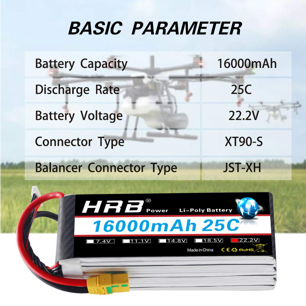 HRB 6S 22.2V 16000mAh 25C LIPO BATTERY XT90S/AS150/XT150 For Drone Plane