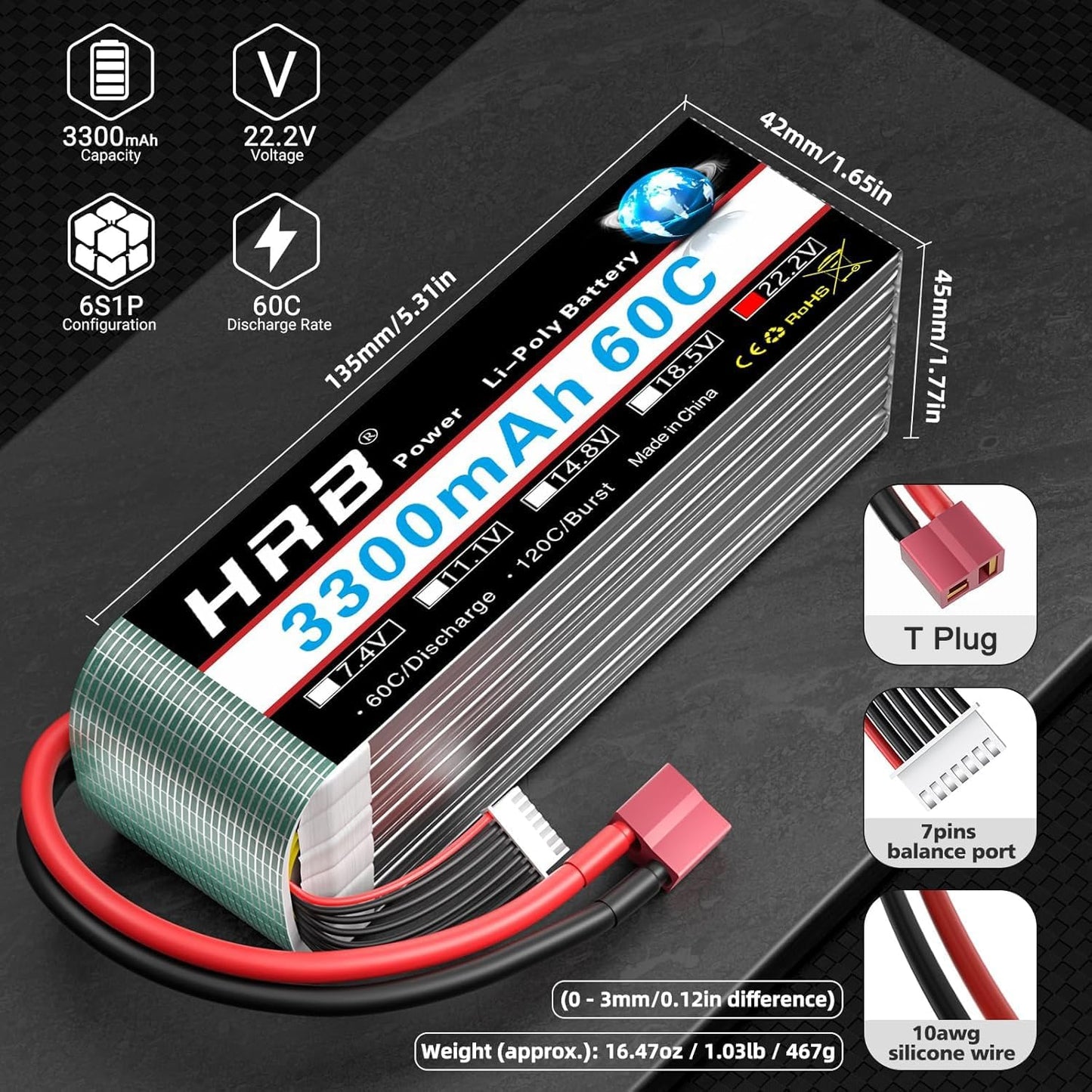 HRB 6S Lipo Battery 3300mAh 22.2V 60C RC Lipo Battery Deans T