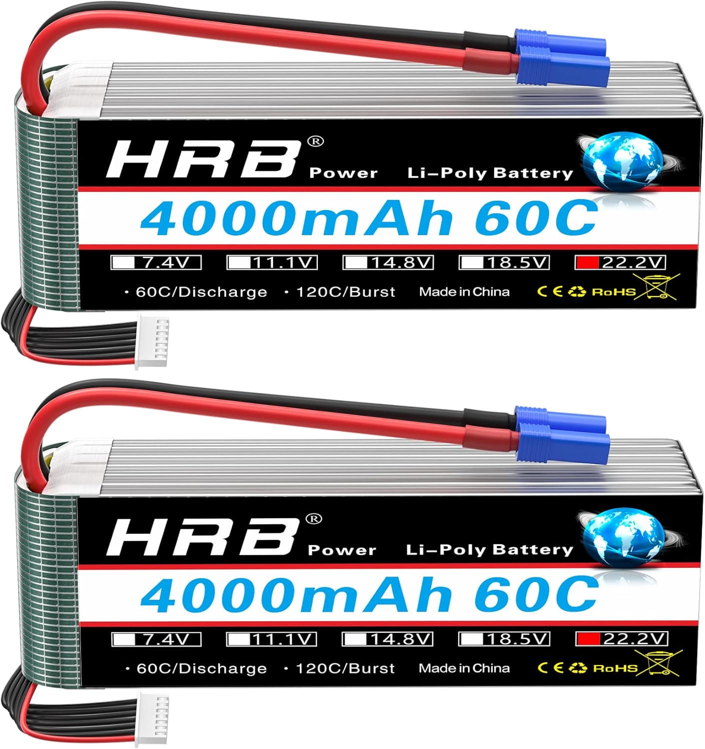HRB 2pcs 6S Lipo Battery EC5 22.2V 4000mAh 60C EC5