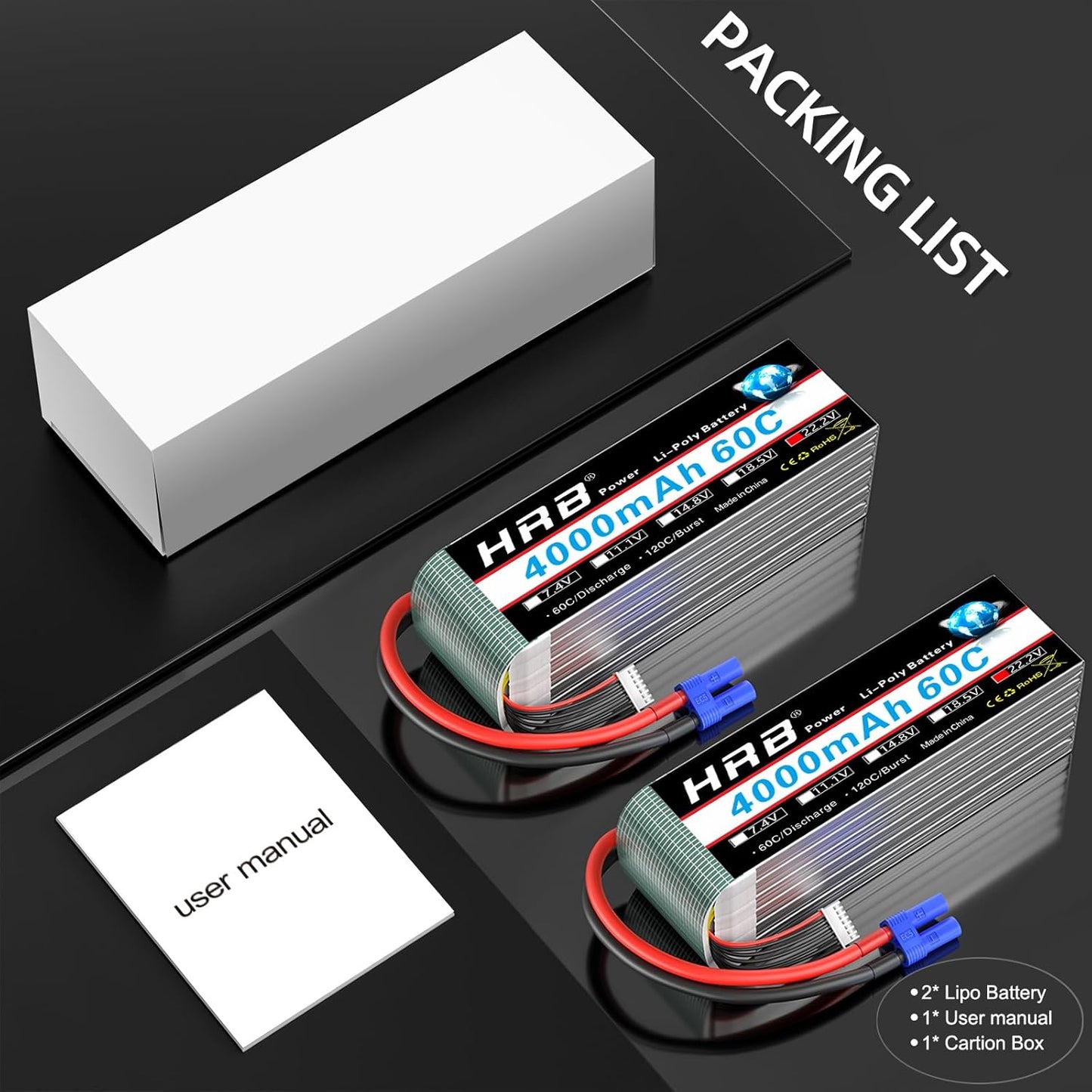 HRB 2pcs 6S Lipo Battery EC5 22.2V 4000mAh 60C EC5