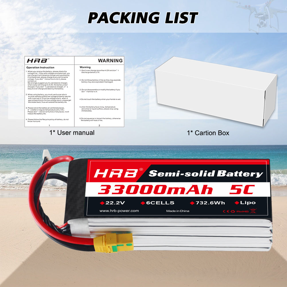 HRB 6s 22.2V 33000mAh 5C XT90S Semi-solid battery Customizable