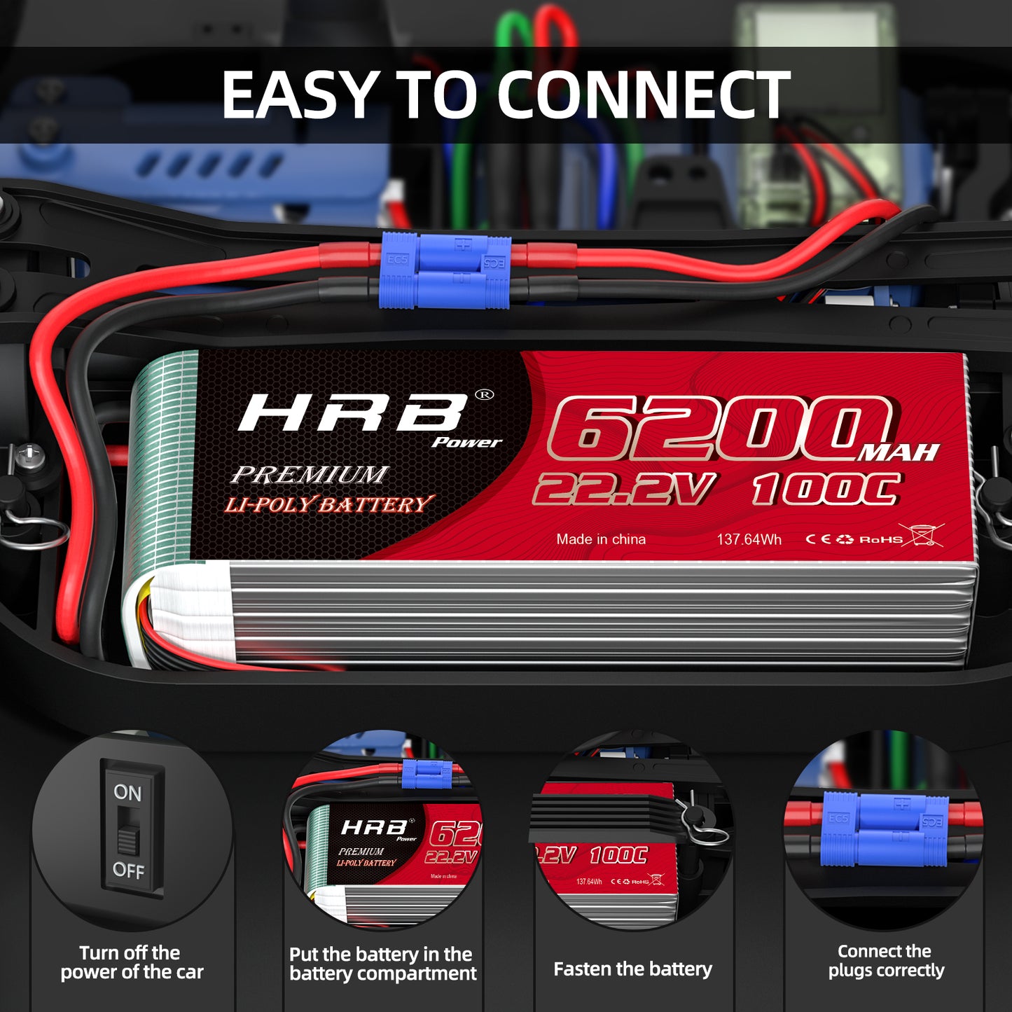 2xHRB 6S 22.2V Lipo Battery 6200mAh 100C EC5 for RC Car Helicopter EDF Jet