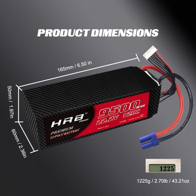 2pcs HRB 22.2V 6S 9500mAh LiPo Battery 120C EC5 for RC Car Helicopter EDF