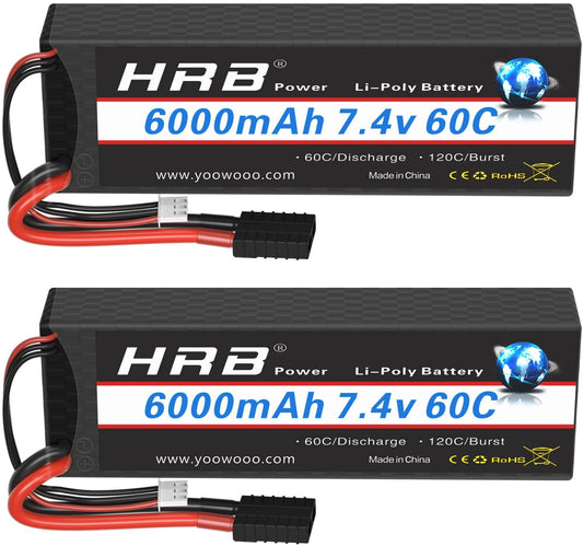 2 Packs HRB 7.4V 6000mAh 60C with TR Plug Compatible with RC Car/Truck/Boat/Airplane/Helicopter